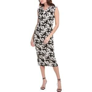 Vince Camuto Women's XS Black Floral Draped Neck Midi Dress Party Garden O7-23